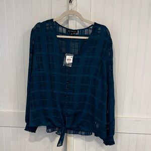 INC  Teal, V-neck, button down Sheer Blouse size XXL